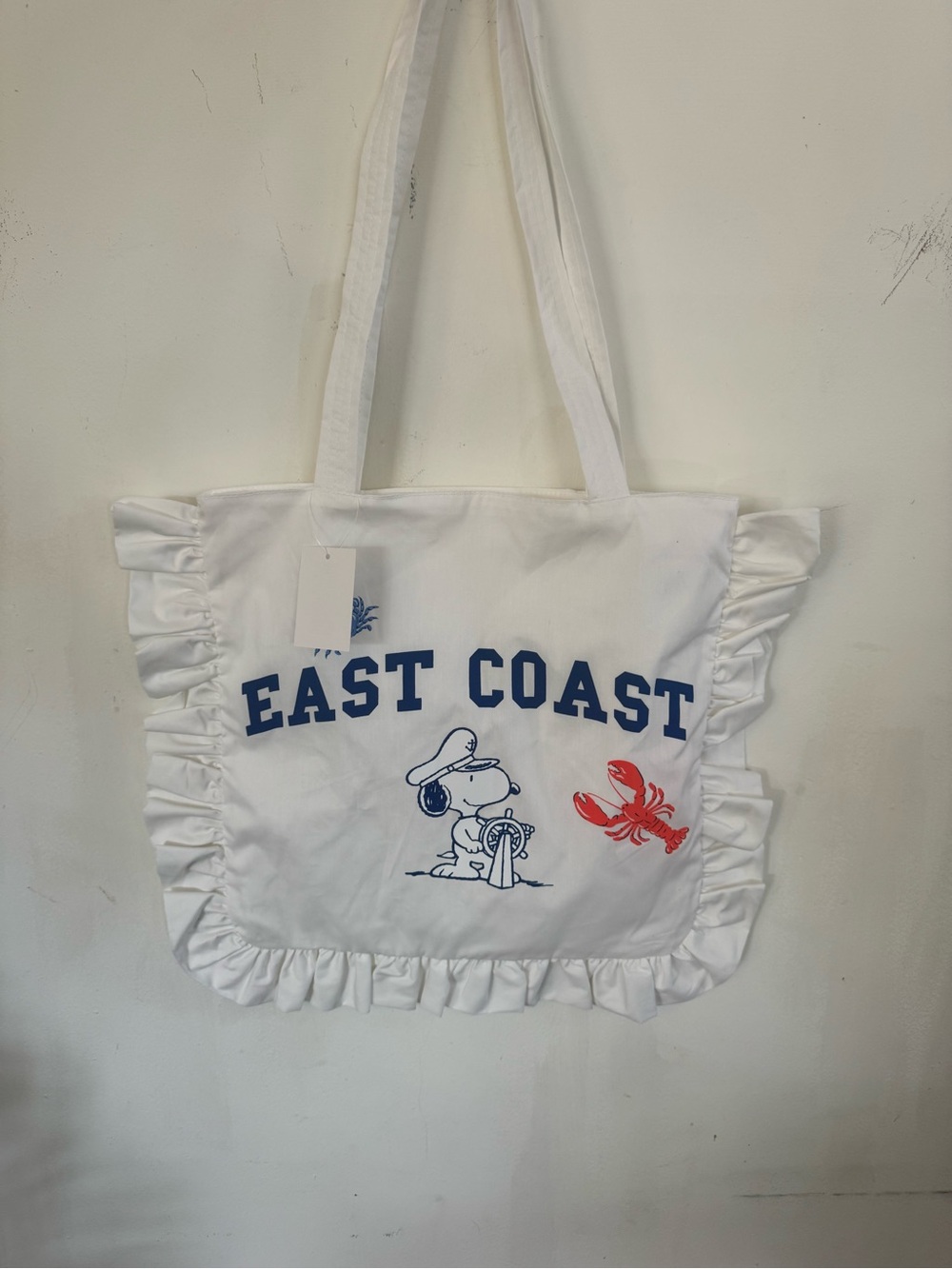 Peanuts White Ruffle Tote with Navy Snoopy and Red Lobster